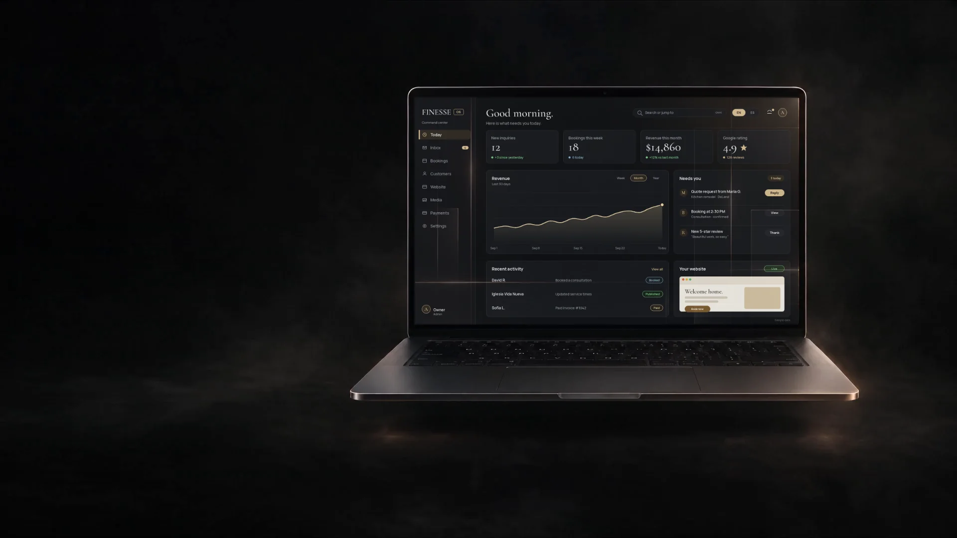 A laptop in a dark studio showing a Finesse OS dashboard