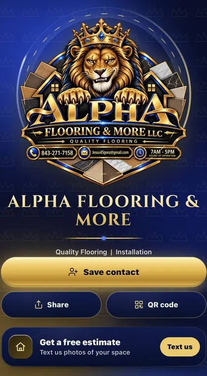 Digital business card for Alpha Flooring & More LLC, designed by Finesse Media