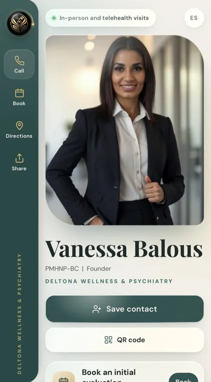 Digital business card for Vanessa Balous of Deltona Wellness & Psychiatry, designed by Finesse Media