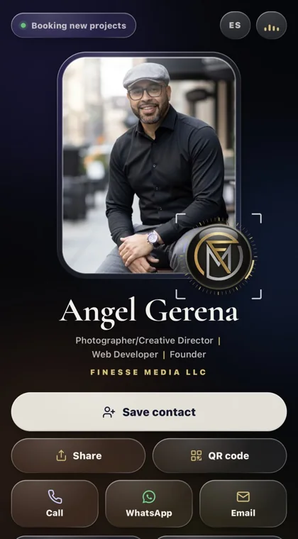 Digital business card for Angel Gerena of Finesse Media, designed by Finesse Media