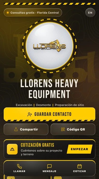 Digital business card for Llorens Heavy Equipment, designed by Finesse Media