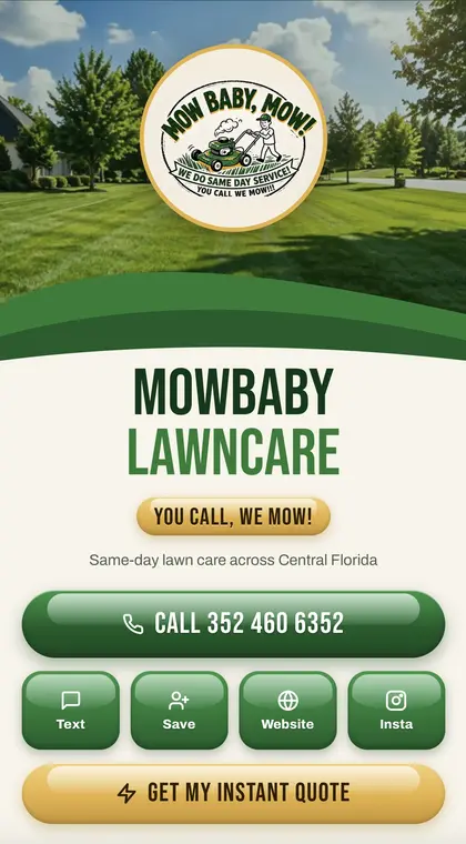 Digital business card for Mow Baby Mow lawn care, designed by Finesse Media