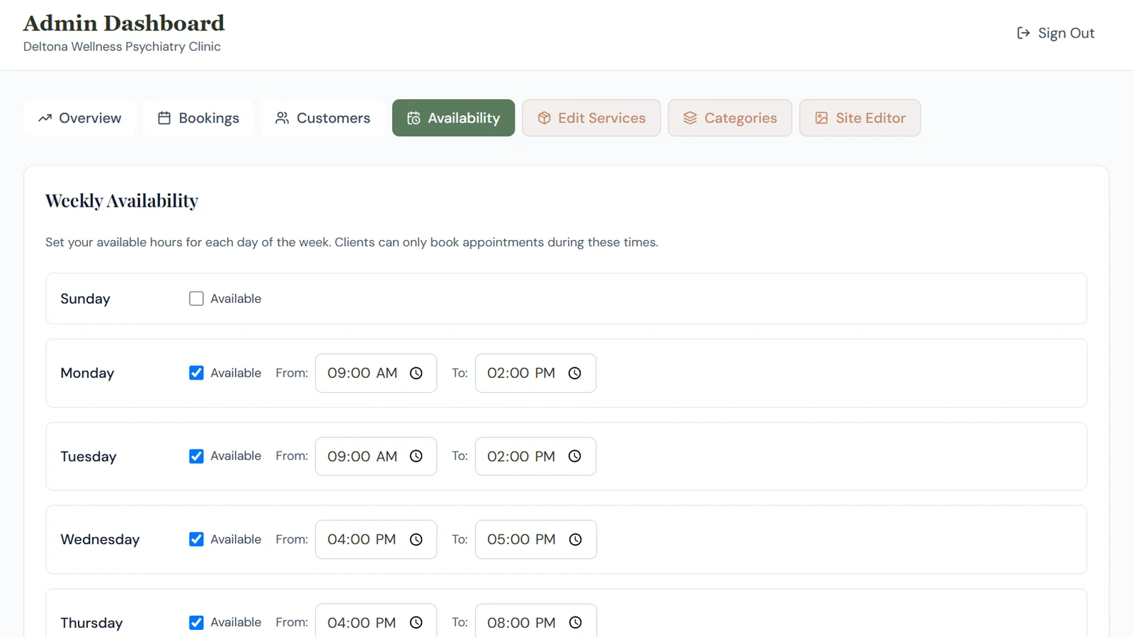 Weekly availability settings with open hours for each day