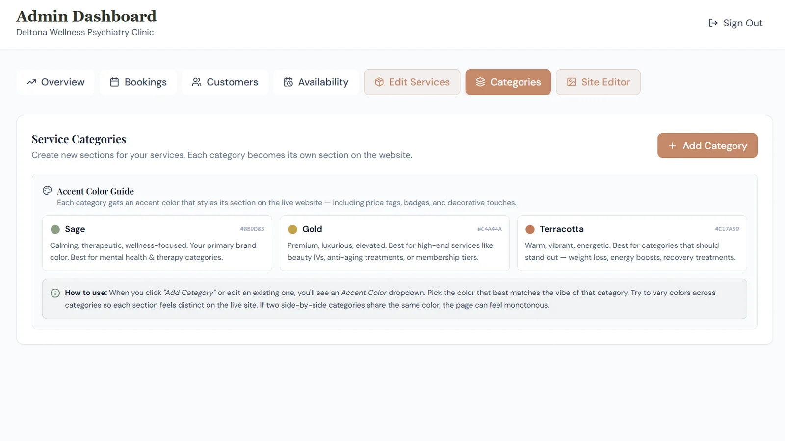 The service categories screen with sage, gold, and terracotta accent colors