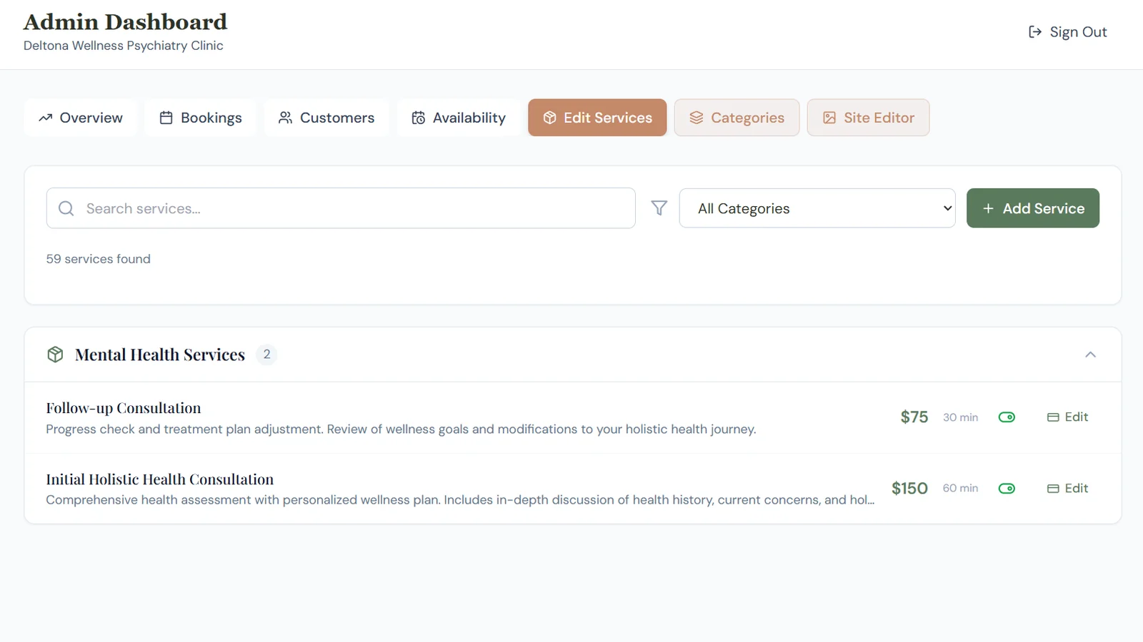 The services editor listing mental health services with prices and session lengths