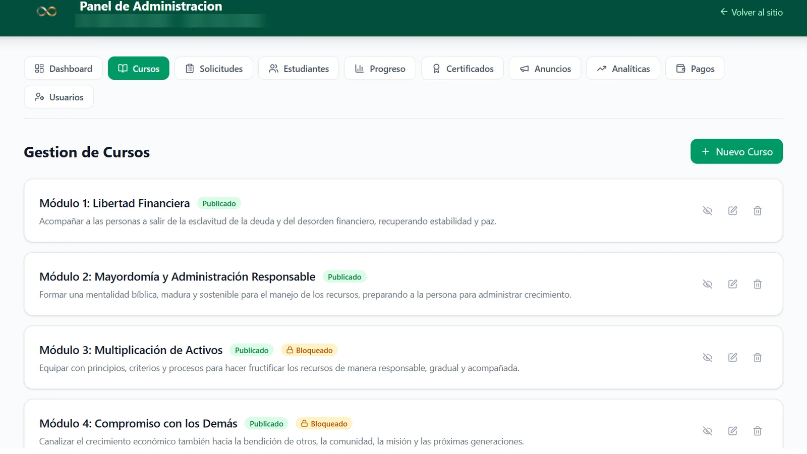 The course manager listing four published modules, two of them locked until students are ready