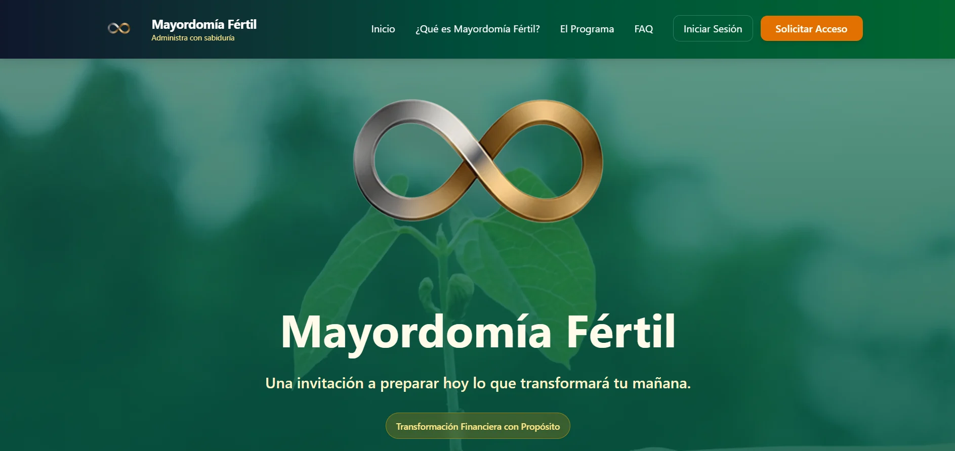 The Mayordomía Fértil homepage designed by Finesse Media, with its gold and silver infinity logo and the line Una invitación a preparar hoy lo que transformará tu mañana