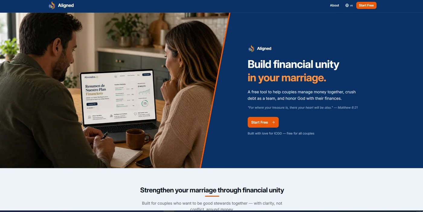 Homepage of Alineados, a bilingual couples finance web application