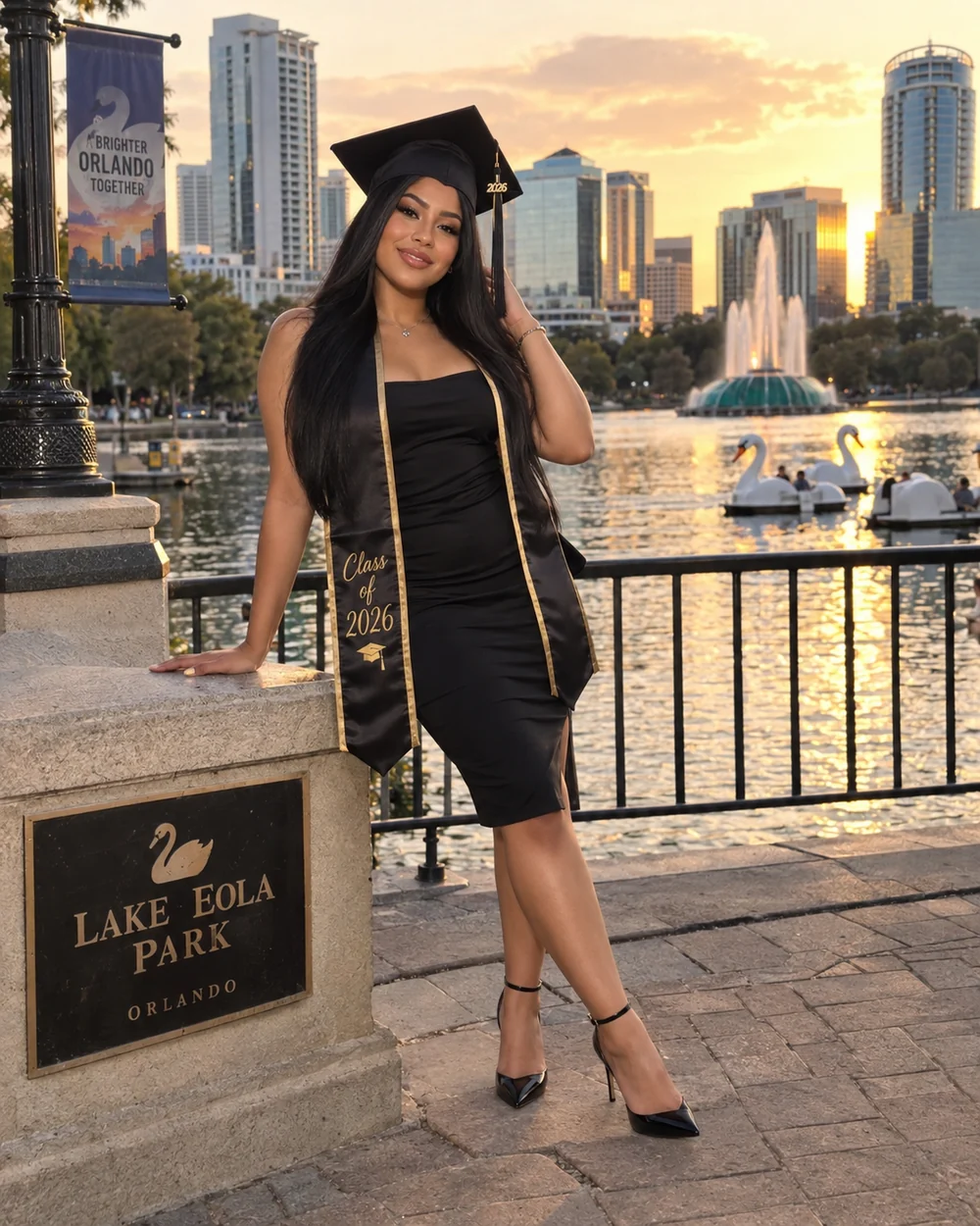 Style preview: a graduate in a black dress, cap, and Class stole at Lake Eola Park in downtown Orlando at sunset