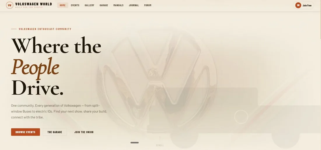 Volkswagen World community platform homepage